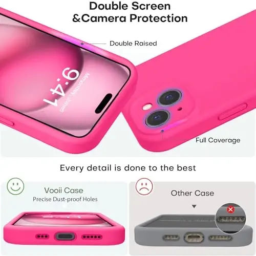 Vooii Compatible with iPhone 15 Case, Upgrade Defender Liquid Silicone, [Enhanced Camera Protection] [Soft Anti-Scratch Microfiber Lining] Shockproof Phone Case for iPhone 15 6.1 inch - Hot Pink - 3