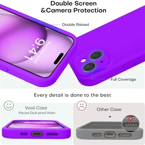 Vooii Compatible with iPhone 15 Case, Upgrade Defender Liquid Silicone, [Enhanced Camera Protection] [Soft Anti-Scratch Microfiber Lining] Shockproof Phone Case for iPhone 15 6.1 inch - Neon Purple - 3
