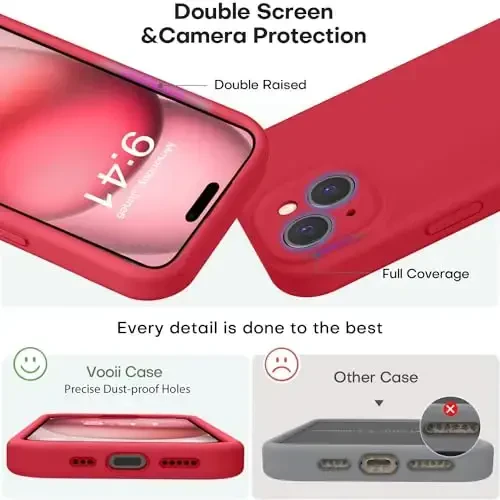 Vooii Compatible with iPhone 15 Case, Upgrade Defender Liquid Silicone, [Enhanced Camera Protection] [Soft Anti-Scratch Microfiber Lining] Shockproof Phone Case for iPhone 15 6.1 inch - Red - 3