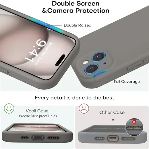 Vooii Compatible with iPhone 15 Case, Upgrade Defender Liquid Silicone, [Enhanced Camera Protection] [Soft Anti-Scratch Microfiber Lining] Shockproof Phone Case for iPhone 15 - Natural Titanium - 3