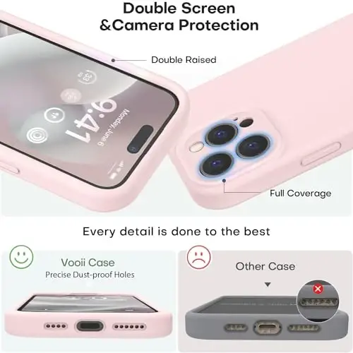 Vooii Compatible with iPhone 15 Pro Case, Upgrade Defender Liquid Silicone, [Enhanced Camera Protection] [Soft Anti-Scratch Microfiber Lining] Shockproof Phone Case iPhone 15 Pro 6.1 inch - Chalk Pink - 3