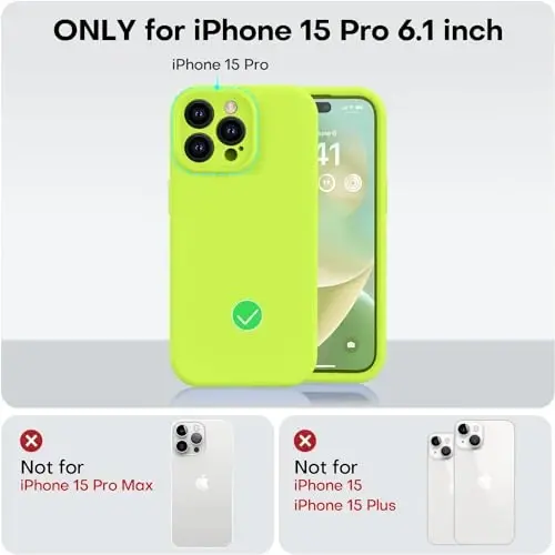 Vooii Compatible with iPhone 15 Pro Case, Upgrade Liquid Silicone, [Enhanced Camera Protection] [Soft Anti-Scratch Microfiber Lining] Shockproof Phone Case iPhone 15 Pro 6.1 inch - Fluorescent Green - 5