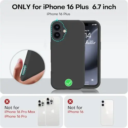 Vooii Compatible with iPhone 16 Plus Case, Liquid Silicone Upgrade [Camera Protection] [Soft Anti-Scratch Microfiber Lining] Shockproof Phone Case for iPhone 16 Plus 6.7 inch - Black - 5