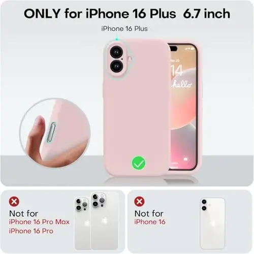 Vooii Compatible with iPhone 16 Plus Case, Liquid Silicone Upgrade [Camera Protection] [Soft Anti-Scratch Microfiber Lining] Shockproof Phone Case for iPhone 16 Plus 6.7 inch - Chalk Pink - 5