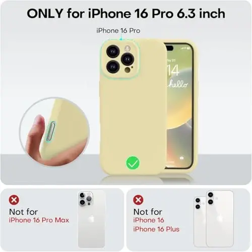 Vooii Compatible with iPhone 16 Pro Case, Liquid Silicone Upgrade [Camera Protection] [Soft Anti-Scratch Microfiber Lining] Shockproof Phone Case for iPhone 16 Pro 6.3 inch - Creamy Yellow - 5