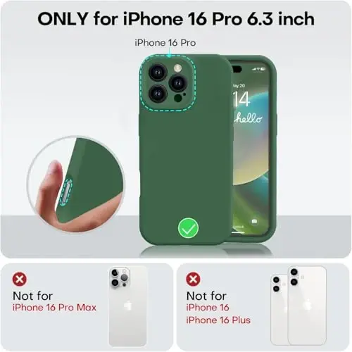 Vooii Compatible with iPhone 16 Pro Case, Liquid Silicone Upgrade [Camera Protection] [Soft Anti-Scratch Microfiber Lining] Shockproof Phone Case for iPhone 16 Pro 6.3 inch - Green - 5