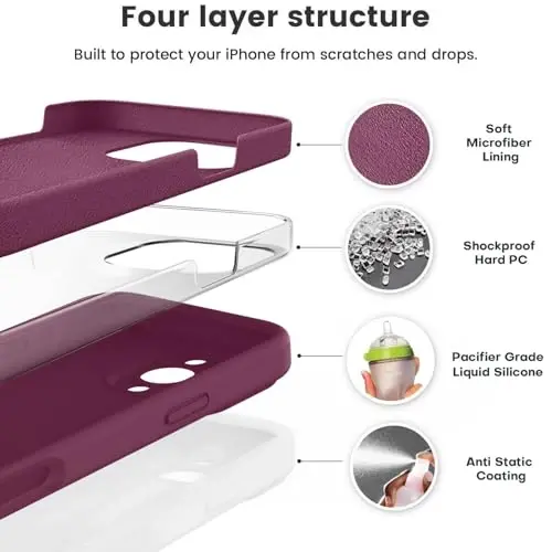 Vooii Compatible with iPhone 16 Pro Case, Liquid Silicone Upgrade [Camera Protection] [Soft Anti-Scratch Microfiber Lining] Shockproof Phone Case for iPhone 16 Pro 6.3 inch - WineRed - VOOII (1)
