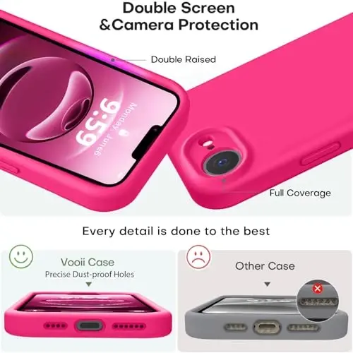 Vooii Compatible with iPhone 16e Case, Liquid Silicone Upgrade [Camera Protection] [Soft Anti-Scratch Microfiber Lining] Shockproof Phone Case for iPhone 16e 6.1 inch - Hot Pink - 3