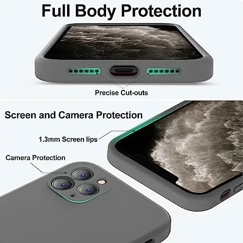 Vooii iPhone 11 Pro g'ilofi bilan mos keladi, [Yassi qirralar] [Kamera himoyasi] [Yumshoq tirnalishga qarshi mikrofiber astar] bilan yangilangan suyuq silikon iPhone 11 Pro 5,8 dyuym uchun telefon g'ilofi - To'q kulrang - 4