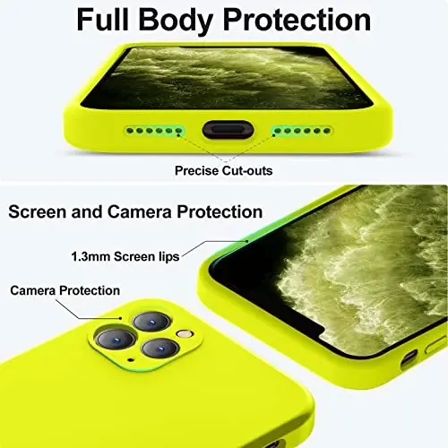 Vooii iPhone 11 Pro uchun g‘ilof bilan mos, [Yassi qirralar] [Kamera himoyasi] [Yumshoq tirnalishga qarshi mikrofiber qoplama] bilan yangilangan suyuq silikon, iPhone 11 Pro 5.8 dyuym uchun telefon g‘ilofi - Neon limon - 4