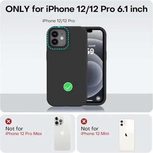 Vooii iPhone 12 Case/iPhone 12 Pro Case bilan mos keladi, Suyuq silikon yangilanishi [Yumshoq tirnalishga qarshi mikrofiber astar] [Zarba o'tkazmaydigan tushishdan himoya] Telefon g'ilofi 6.1 dyuym - Qora - 5