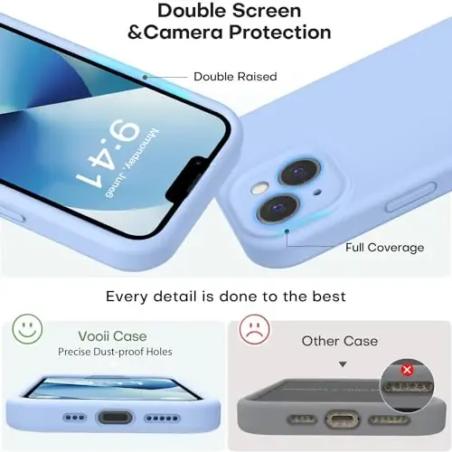 Vooii iPhone 13 g‘ilofi bilan mos keladi, Suyuq silikon yangilanishi [Kamera himoyasi] [Yumshoq tirnalishga qarshi mikrofiber astar] iPhone 13 6.1 dyuym uchun zarbga chidamli telefon g‘ilofi - Och ko‘k - 3