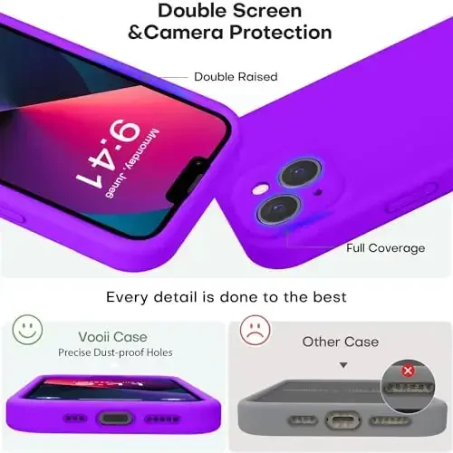 Vooii iPhone 13 g‘ilofi bilan mos keladi, suyuq silikon yangilanishi [Kamera himoyasi] [Yumshoq tirnalishga qarshi mikrofiber qoplamasi] iPhone 13 6.1 dyuym uchun zarbga chidamli telefon g‘ilofi - Neon binafsha - 3