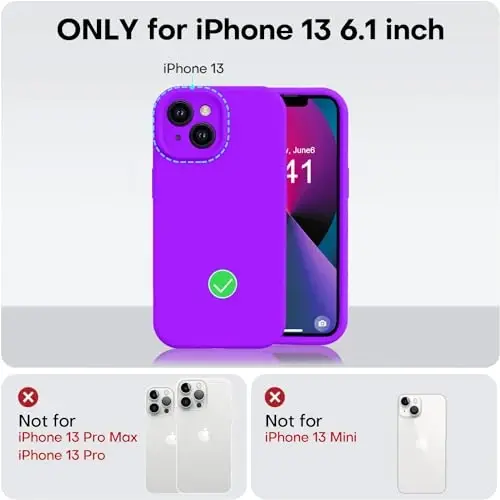 Vooii iPhone 13 g‘ilofi bilan mos keladi, suyuq silikon yangilanishi [Kamera himoyasi] [Yumshoq tirnalishga qarshi mikrofiber qoplamasi] iPhone 13 6.1 dyuym uchun zarbga chidamli telefon g‘ilofi - Neon binafsha - 5