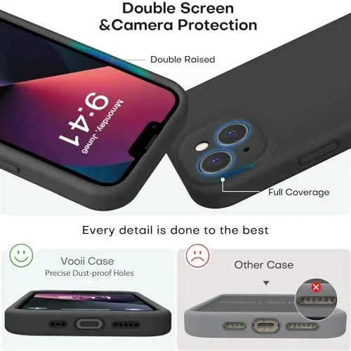 Vooii iPhone 13 g‘ilofi bilan mos, suyuq silikon yangilanishi [Kamera himoyasi] [Yumshoq tirnalishga qarshi mikrofiber astar] iPhone 13 6.1 dyuym uchun zarbga chidamli telefon g‘ilofi - Qora - 3