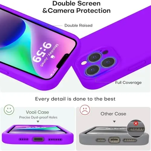 Vooii iPhone 13 Pro g'ilofi bilan mos keladi, suyuq silikon yangilanishi [Kamera himoyasi] [Yumshoq tirnalishga qarshi mikrofiber astar] iPhone 13 Pro 6.1 dyuym uchun zarbga chidamli telefon g'ilofi - Neon binafsha - 3