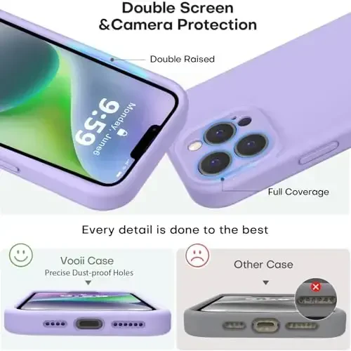 Vooii iPhone 13 Pro g‘ilofi bilan mos, suyuq silikon yangilanish [Kamera himoyasi] [Yumshoq tirnalishga qarshi mikrofiber astar] iPhone 13 Pro 6.1 dyuym uchun zarbga chidamli telefon g‘ilofi - och binafsha - 3