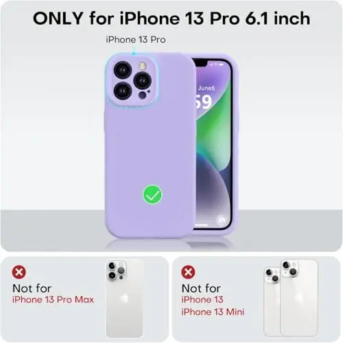 Vooii iPhone 13 Pro g‘ilofi bilan mos, suyuq silikon yangilanish [Kamera himoyasi] [Yumshoq tirnalishga qarshi mikrofiber astar] iPhone 13 Pro 6.1 dyuym uchun zarbga chidamli telefon g‘ilofi - och binafsha - 5