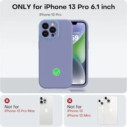 Vooii iPhone 13 Pro g‘ilofi bilan mos, suyuq silikon yangilanishi [Kamera himoyasi] [Yumshoq tirnalishga qarshi mikrofiber astar] iPhone 13 Pro 6.1 dyuym uchun zarbga chidamli telefon g‘ilofi - Lavanda kulrang - 5