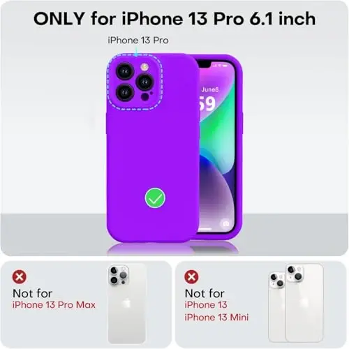 Vooii Compatible with iPhone 13 Pro Case, Liquid Silicone Upgrade [Camera Protection] [Soft Anti-Scratch Microfiber Lining] Shockproof Phone Case for iPhone 13 Pro 6.1 inch - Neon Purple - 5