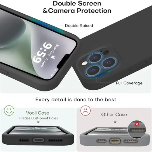 Vooii iPhone 13 Pro Max uchun mos keladigan g‘ilof, suyuq silikon yangilanish [Kamera himoyasi] [Yumshoq tirnalishga qarshi mikrofiber astar] iPhone 13 Pro Max 6.7 dyuym uchun zarbga chidamli telefon g‘ilofi - Qora - 3
