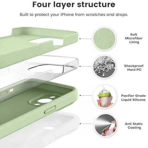 Vooii iPhone 13 Pro uchun g‘ilof bilan mos keladi, Suyuq silikon yangilanishi [Kamera himoyasi] [Yumshoq chizishga qarshi mikrofiber astar] iPhone 13 Pro 6.1 dyuym uchun zarbga chidamli telefon g‘ilofi - Matcha - VOOII (1)