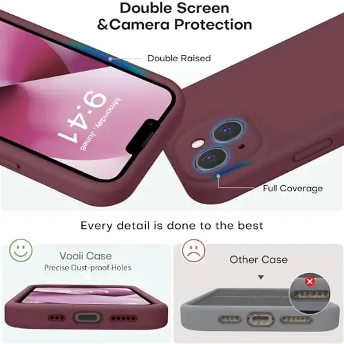 Vooii iPhone 13 uchun g‘ilof bilan mos keladi, suyuq silikon yangilanish [Kamera himoyasi] [Yumshoq tirnalishga qarshi mikrofiber astar] iPhone 13 6.1 dyuym uchun zarbga chidamli telefon g‘ilofi - Olxo‘ri - 3