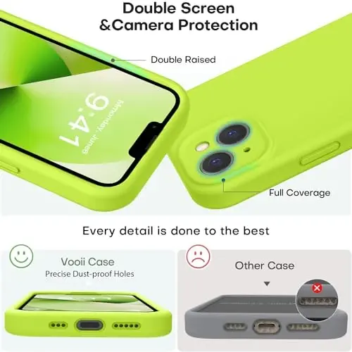 Vooii iPhone 13 uchun g‘ilof bilan mos, suyuq silikon yangilanishi [Kamera himoyasi] [Yumshoq chizishga qarshi mikrofiber astar] iPhone 13 6.1 dyuym uchun zarbga chidamli telefon g‘ilofi - Fluorescent yashil - 3