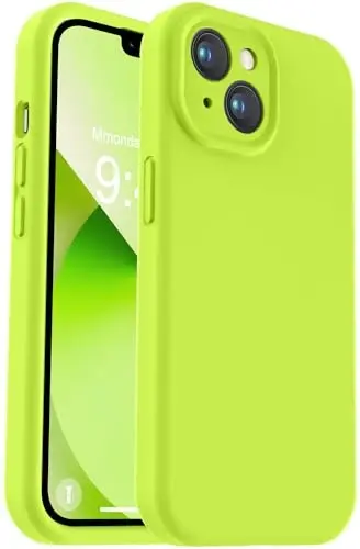 Vooii iPhone 13 uchun g‘ilof bilan mos, suyuq silikon yangilanishi [Kamera himoyasi] [Yumshoq chizishga qarshi mikrofiber astar] iPhone 13 6.1 dyuym uchun zarbga chidamli telefon g‘ilofi - Fluorescent yashil 