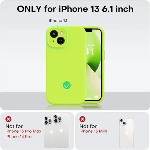 Vooii iPhone 13 uchun g‘ilof bilan mos, suyuq silikon yangilanishi [Kamera himoyasi] [Yumshoq chizishga qarshi mikrofiber astar] iPhone 13 6.1 dyuym uchun zarbga chidamli telefon g‘ilofi - Fluorescent yashil - 5