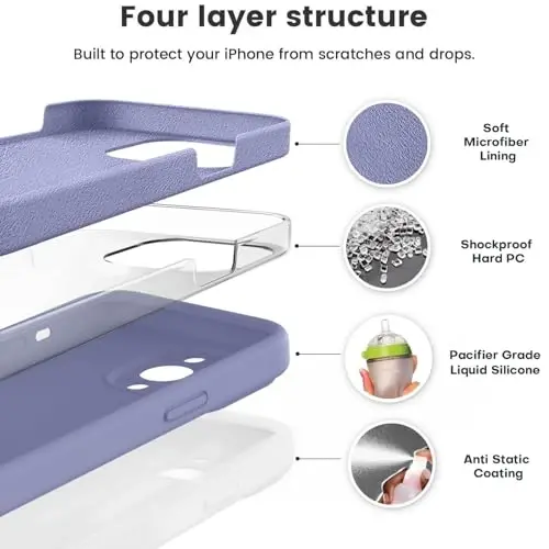 Vooii iPhone 14 Pro g'ilofi bilan mos keladi, suyuq silikon yangilanishi [Kamera himoyasi] [Yumshoq tirnalishga qarshi mikrofiber astar] iPhone 14 Pro 6.1 dyuym uchun zarbga chidamli telefon g'ilofi - Lavanda kulrang - 2