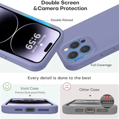 Vooii iPhone 14 Pro g'ilofi bilan mos keladi, suyuq silikon yangilanishi [Kamera himoyasi] [Yumshoq tirnalishga qarshi mikrofiber astar] iPhone 14 Pro 6.1 dyuym uchun zarbga chidamli telefon g'ilofi - Lavanda kulrang - 3