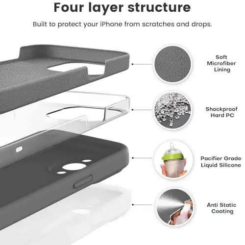 Vooii iPhone 14 Pro g‘ilofi bilan mos, suyuq silikon yangilanishi [Kamera himoyasi] [Yumshoq chizishga qarshi mikrofiber astar] iPhone 14 Pro 6.1 dyuym uchun zarbga chidamli telefon g‘ilofi - To‘q kulrang - 2
