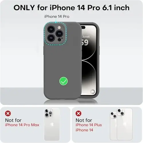 Vooii iPhone 14 Pro g‘ilofi bilan mos, suyuq silikon yangilanishi [Kamera himoyasi] [Yumshoq chizishga qarshi mikrofiber astar] iPhone 14 Pro 6.1 dyuym uchun zarbga chidamli telefon g‘ilofi - To‘q kulrang - 5
