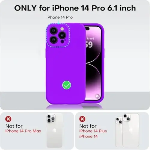 Vooii iPhone 14 Pro g‘ilofi bilan mos, suyuq silikon yangilanishi [Kamera himoyasi] [Yumshoq tirnalishga qarshi mikrofiber astar] iPhone 14 Pro 6.1 dyuym uchun zarbga chidamli telefon g‘ilofi - Neon binafsha - 5