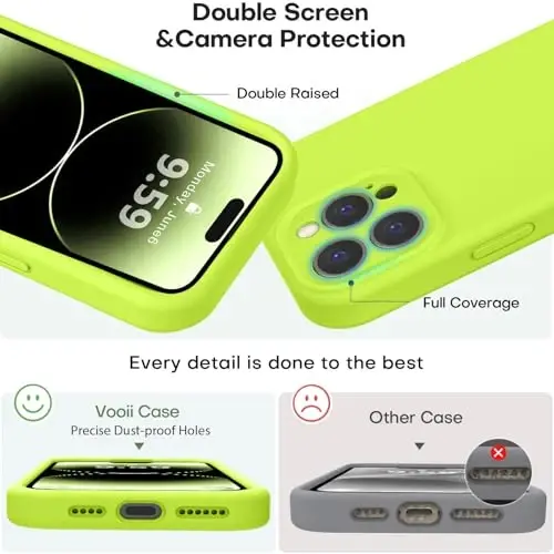 Vooii iPhone 14 Pro Kılıf ile Uyumlu, Sıvı Silikon Yükseltilmiş [Kamera Koruması] [Yumuşak Çizilmez Mikrofiber Astar] iPhone 14 Pro 6.1 inç için Darbe Emici Telefon Kılıfı - Floresan Yeşil - 3