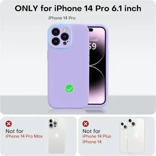 Vooii Compatible with iPhone 14 Pro Case, Liquid Silicone Upgrade [Camera Protection] [Soft Anti-Scratch Microfiber Lining] Shockproof Phone Case for iPhone 14 Pro 6.1 inch - Light Purple - 5