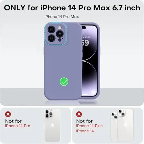 Vooii iPhone 14 Pro Max uchun mos keladigan g‘ilof, suyuq silikon yangilanishi [Kamera himoyasi] [Yumshoq tirnalishga qarshi mikrofiber astar] iPhone 14 Pro Max 6.7 dyuym uchun zarbga chidamli telefon g‘ilofi - Lavanda kulrang - 5