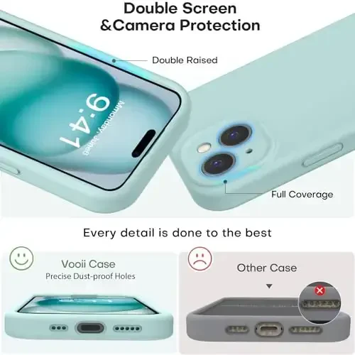 Vooii iPhone 15 g‘ilofi bilan mos, Defender suyuq silikonini yangilang, [Kamera himoyasi kuchaytirilgan] [Yumshoq tirnalishga qarshi mikrofiber astar] iPhone 15 6.1 dyuym uchun zarbga chidamli telefon g‘ilofi - Mint - 3