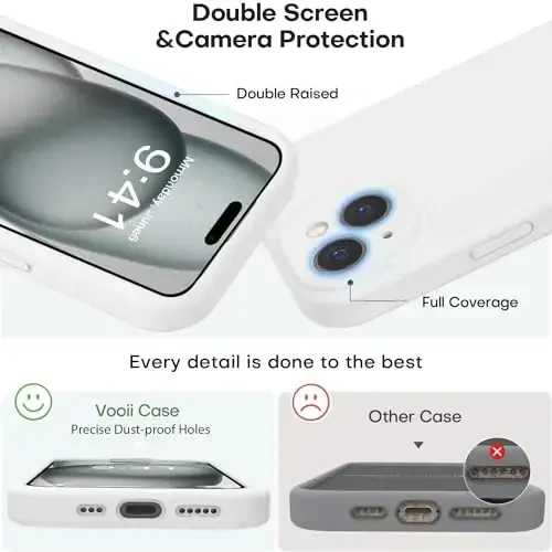 Vooii iPhone 15 g‘ilofi bilan mos, Defender suyuq silikonini yangilash, [Kamera himoyasi kuchaytirilgan] [Yumshoq tirnalishga qarshi mikrofiber astar] iPhone 15 6.1 dyuym uchun zarbga chidamli telefon g‘ilofi - Oq - 3