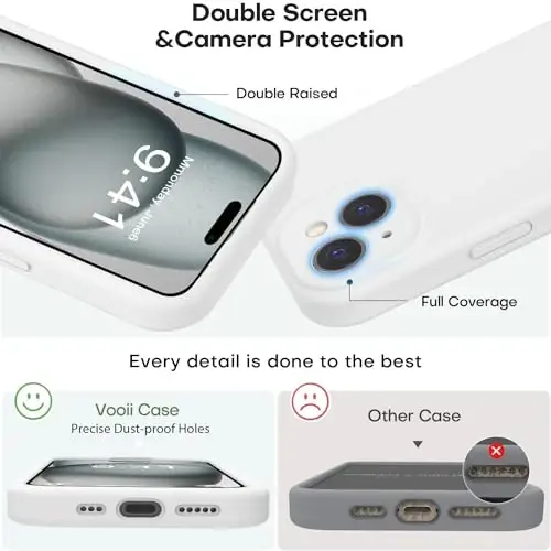 Vooii iPhone 15 g‘ilofi bilan mos, Defender suyuq silikonini yangilash, [Kamera himoyasi kuchaytirilgan] [Yumshoq tirnalishga qarshi mikrofiber astar] iPhone 15 6.1 dyuym uchun zarbga chidamli telefon g‘ilofi - Oq - 3