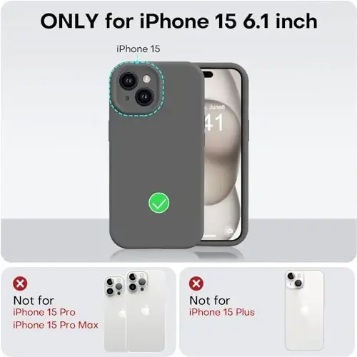 Vooii iPhone 15 g‘ilofi bilan mos, Defender suyuq silikonini yangilash, [Kamera himoyasi kuchaytirilgan] [Yumshoq tirnalishga qarshi mikrofiber astar] iPhone 15 6.1 dyuym uchun zarbga chidamli telefon g‘ilofi - To‘q kulrang - 5