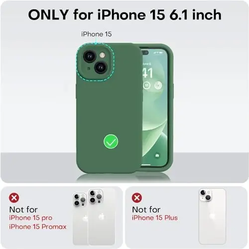 Vooii iPhone 15 g‘ilofi bilan mos, Defender suyuq silikonini yangilash, [Kamerani yaxshilangan himoya] [Yumshoq tirnalishga qarshi mikrofiber astar] iPhone 15 6.1 dyuym uchun zarbga chidamli telefon g‘ilofi - Yashil - 5
