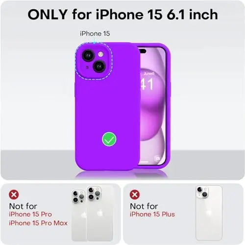 Vooii iPhone 15 g‘ilofi bilan mos keladi, Defender suyuq silikonini yangilang, [Kamera himoyasi kuchaytirilgan] [Yumshoq tirnalishga qarshi mikrofiber astar] iPhone 15 6.1 dyuym uchun zarbga chidamli telefon g‘ilofi - Neon binafsha - 5