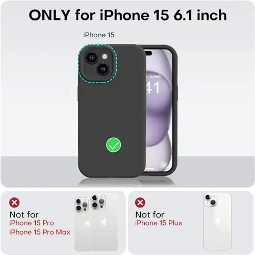 Vooii iPhone 15 g‘ilofi bilan mos keladi, Defender suyuq silikonini yangilang, [Kamera himoyasi yaxshilangan] [Yumshoq tirnalishga qarshi mikrofiber astar] iPhone 15 6,1 dyuym uchun zarbga chidamli telefon g‘ilofi - Qora - 5