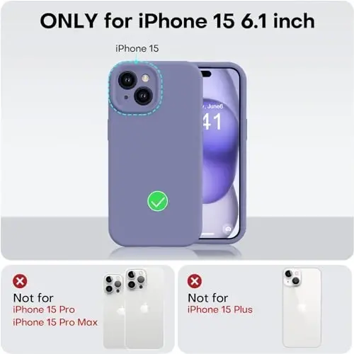 Vooii iPhone 15 g‘ilofi bilan mos keladi, himoyachi suyuq silikonni yangilash, [kamera himoyasi kuchaytirilgan] [yumshoq tirnalishga qarshi mikrofiber astar] iPhone 15 6,1 dyuym uchun zarbga chidamli telefon g‘ilofi - Lavanda kulrang - 5