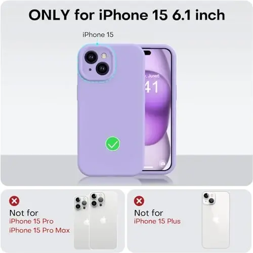 Vooii iPhone 15 g‘ilofi bilan mos keladi, himoyalovchi suyuq silikonni yangilash, [kamera himoyasi kuchaytirilgan] [yumshoq tirnalishga qarshi mikrofiber astar] iPhone 15 6,1 dyuym uchun zarbga chidamli telefon g‘ilofi - och binafsha - 5
