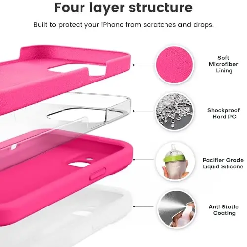 Vooii Compatible with iPhone 15 Case, Upgrade Defender Liquid Silicone, [Enhanced Camera Protection] [Soft Anti-Scratch Microfiber Lining] Shockproof Phone Case for iPhone 15 6.1 inch - Hot Pink - 2