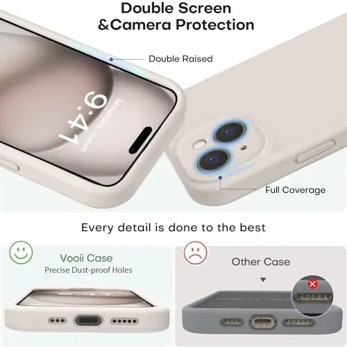 Vooii Compatible with iPhone 15 Case, Upgrade Defender Liquid Silicone, [Enhanced Camera Protection] [Soft Anti-Scratch Microfiber Lining] Shockproof Phone Case for iPhone 15 6.1 inch - Stone | Upgrade Defender, Liquid Silicone, Shockproof, 6.1 inch - 3