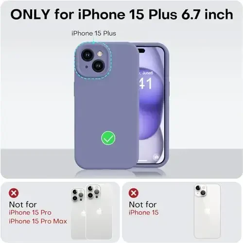 Vooii iPhone 15 Plus g‘ilofi bilan mos keladi, suyuq silikonni yangilang [kuchaytirilgan kamera himoyasi] [yumshoq tirnalishga qarshi mikrofiber astar] iPhone 15 Plus 6.7 dyuym uchun zarbga chidamli telefon g‘ilofi - Lavanda kulrang - 5